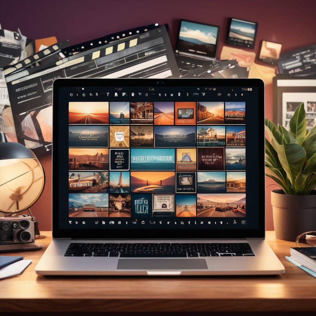A vibrant blog cover illustration featuring a sleek laptop screen displaying high-quality video thumbnails, surrounded by film reels, clapperboards, and a playful but discreet graphic element suggesting adult content. The scene is set in a creative studio with warm lighting and stylish decor. vector art. vibrant colors.